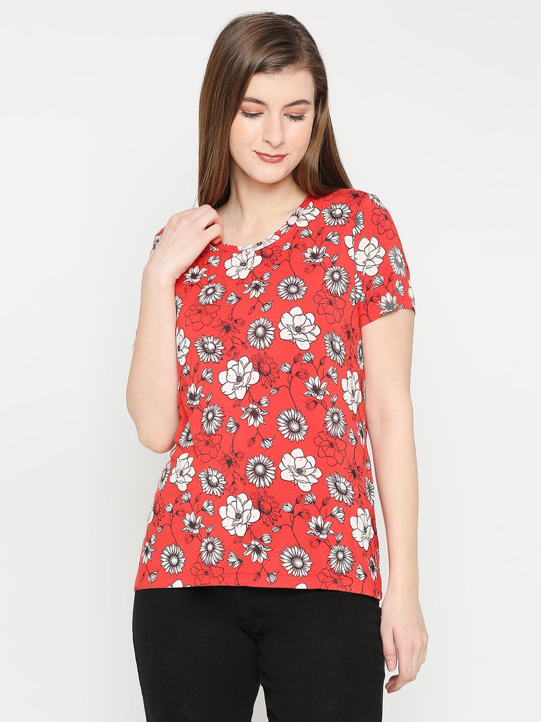 Spykar Women Red Blended Regular Fit Floral Print T-Shirts