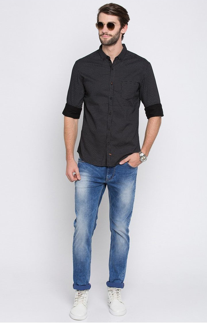 Spykar Men'S Black Satin Printed Casual Shirts