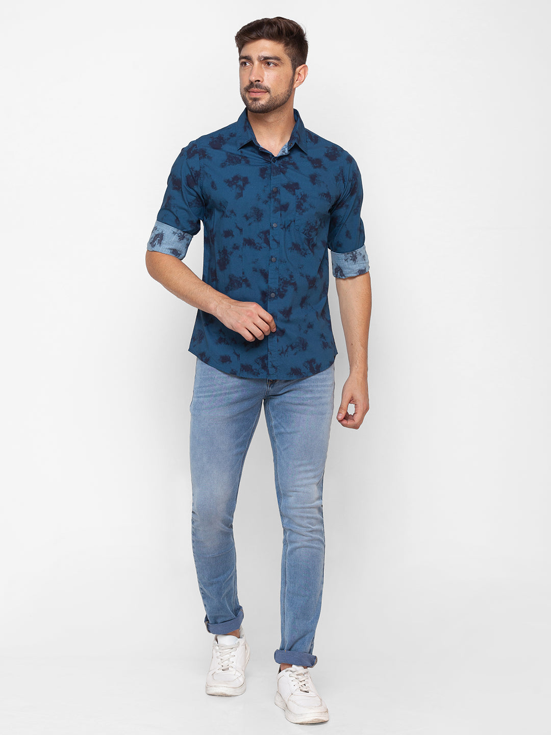 Spykar Indigo Blue Cotton Full Sleeve Printed Shirt For Men