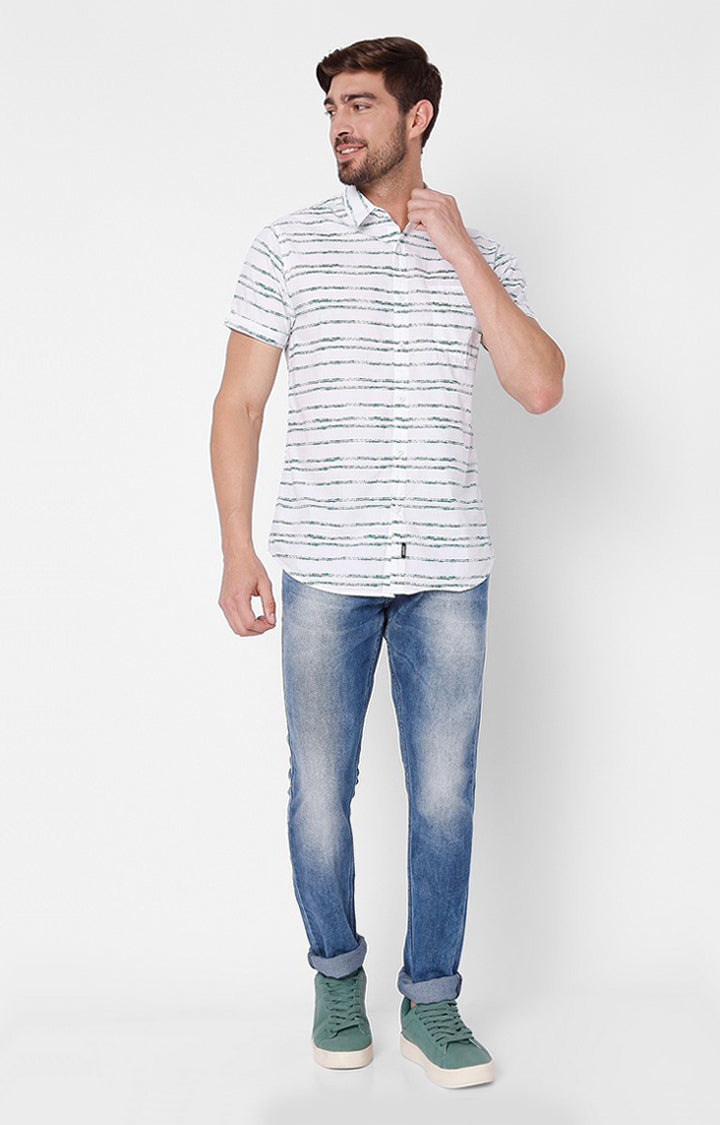 Spykar Men White Cotton Striped Casual Shirts