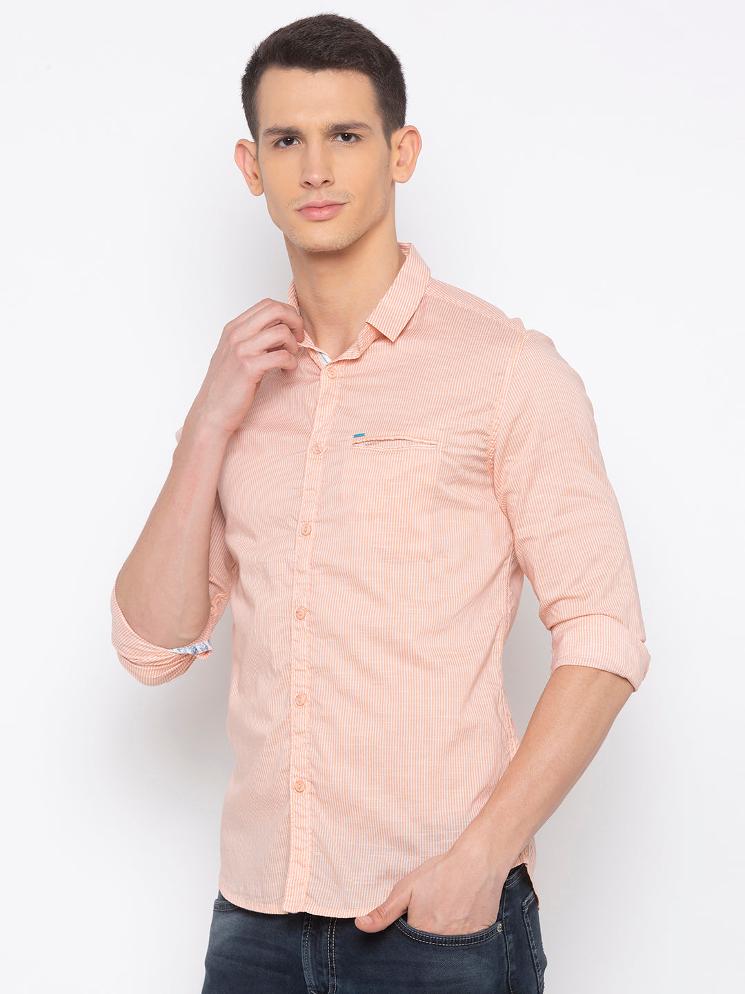 Spykar Men Peach Striped Slim Fit Casual Shirt