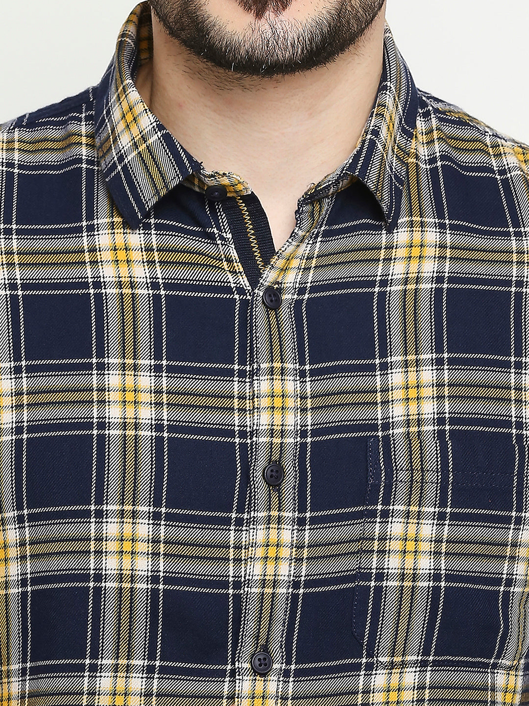 Spykar Navy Yellow Cotton Full Sleeve Checkered Shirt For Men