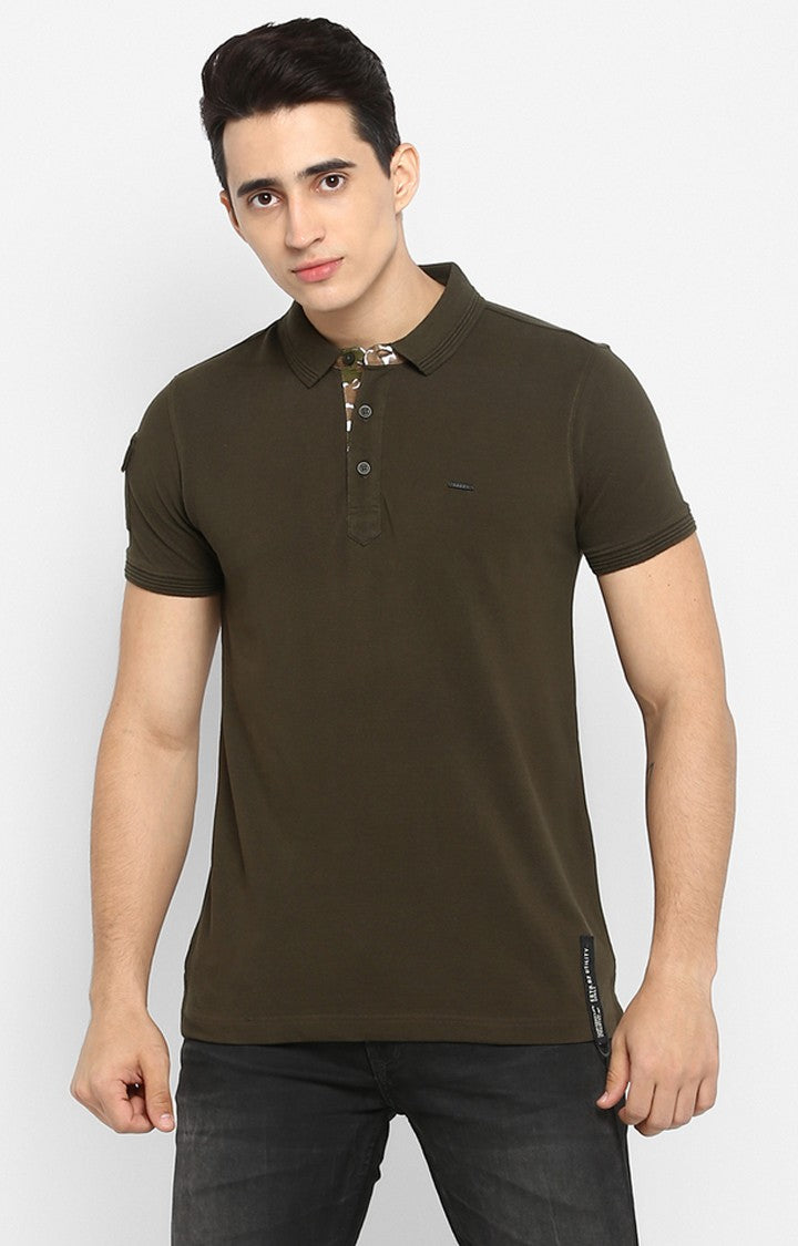 Spykar Olive Solid Slim Fit Polos T-Shirt