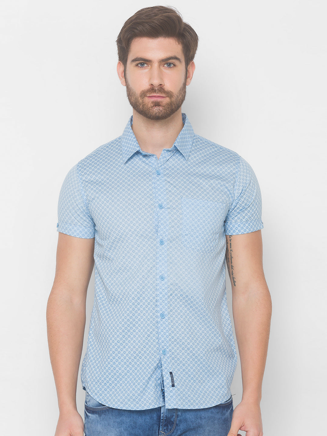 Spykar Men Sky Blue Cotton Slim Fit Shirt