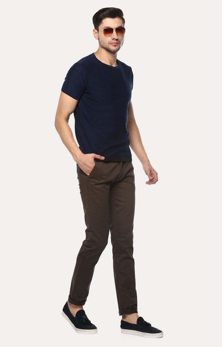 Navy Blue Solid Slim Fit Men T-Shirts