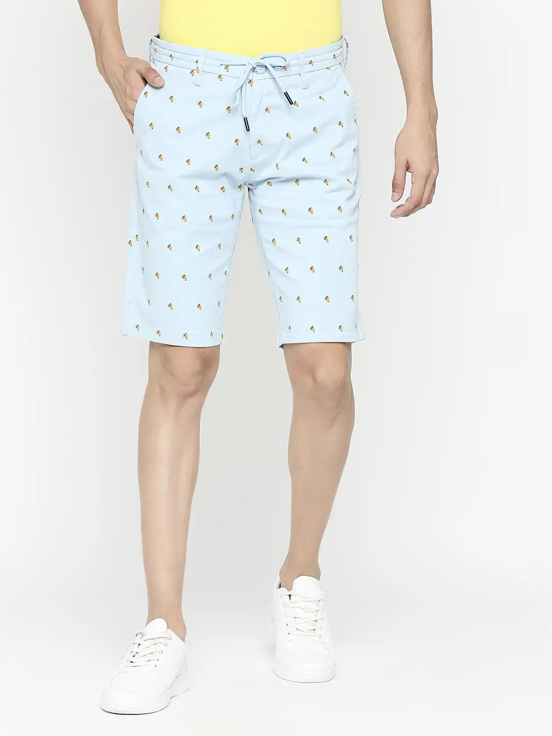 Spykar Men Sky Blue Cotton Slim Fit Printed Shorts