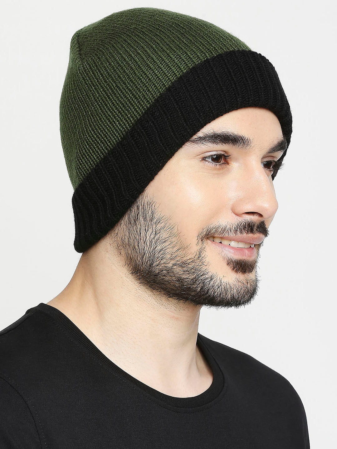 Spykar Olive & Black Cotton Beanie Cap