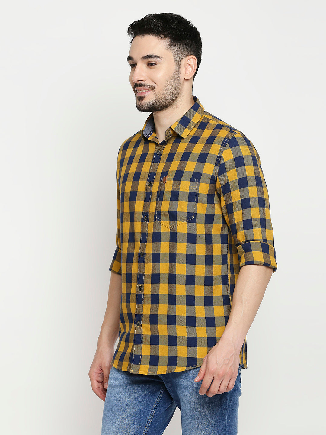 Spykar Camel Khaki Cotton Full Sleeve Checkered Shirt For Men