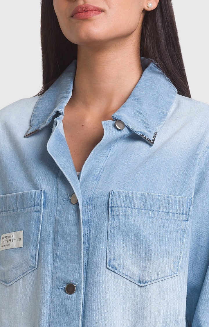Spykar Ice Blue Cotton Full Sleeve Denim Shirts For Women