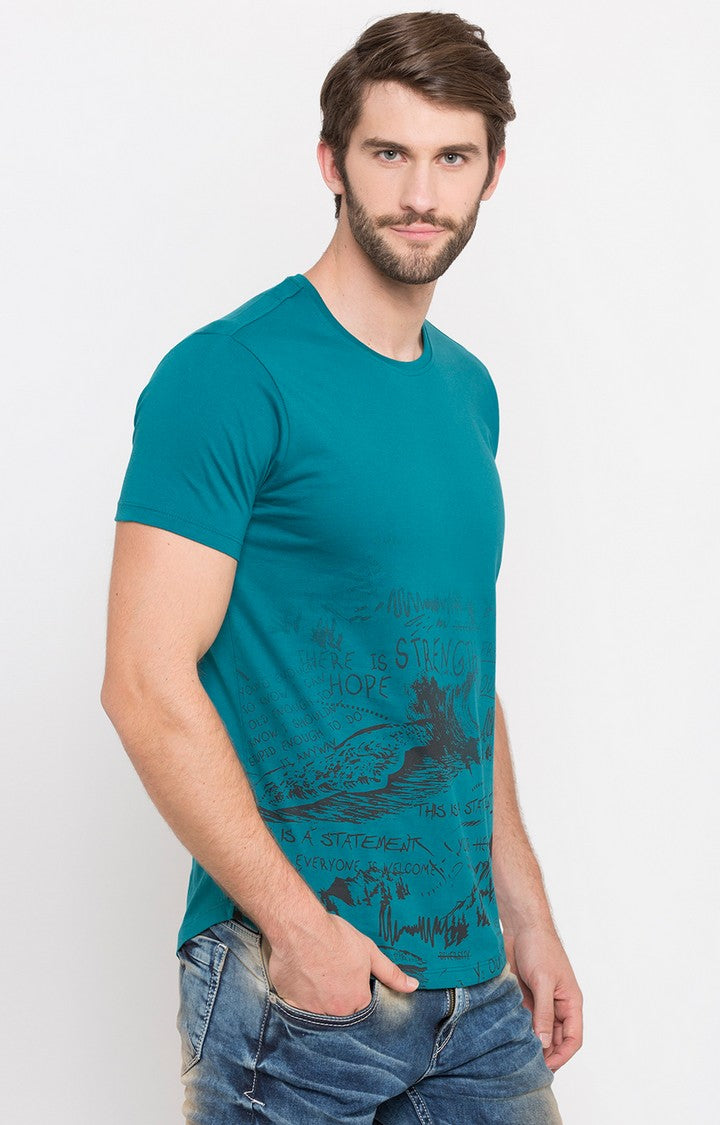 Spykar Turquoise Printed Slim Fit Men T-Shirts