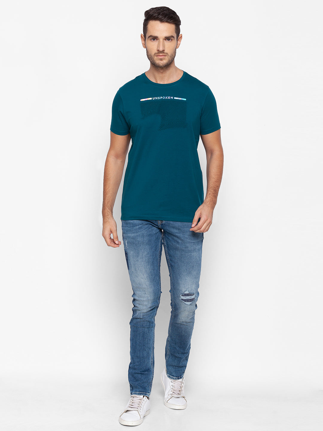 Spykar Men Blue Cotton Slim Fit Round Neck T-Shirt