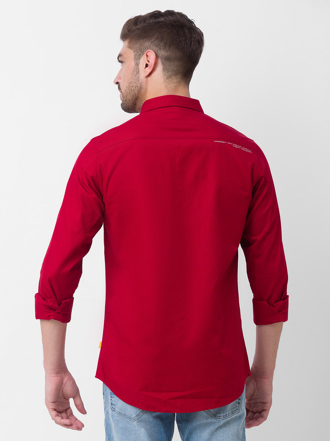 Spykar Deep Red Cotton Full Sleeve Plain Shirt For Men