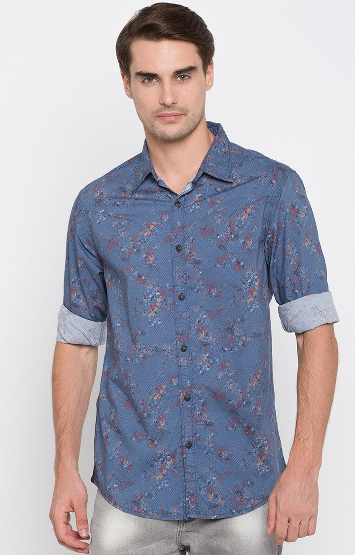 Spykar Men'S Blue Cotton Printed Casual Shirts