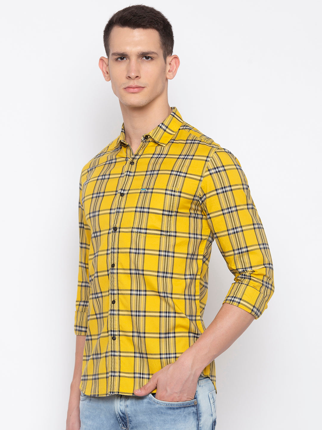 Spykar Men Yellow Checked Slim Fit Casual Shirt