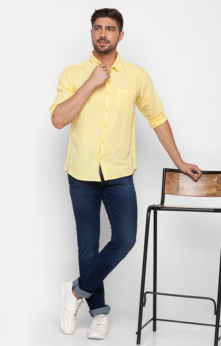 Spykar Butter Yellow Cotton Full Sleeve Stripes Shirt For Men