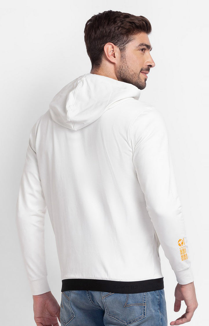 Spykar Ecru Cotton Full Sleeve Hooded Sweatshirt For Men