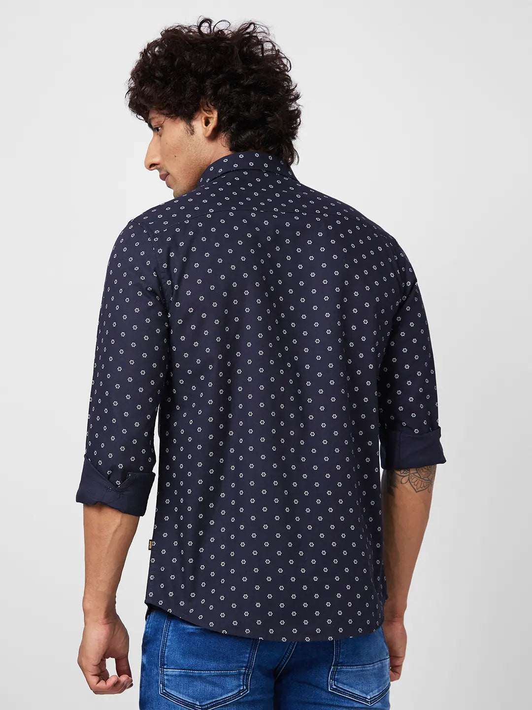 Spykar Men Navy Blue Cotton Regular Slim Fit Full Sleeve Causal Printed Shirt