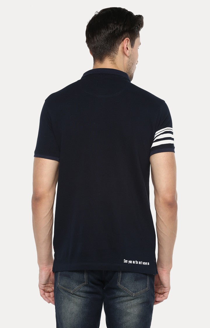 Spykar Navy Blue Solid Slim Fit Polo T-Shirt