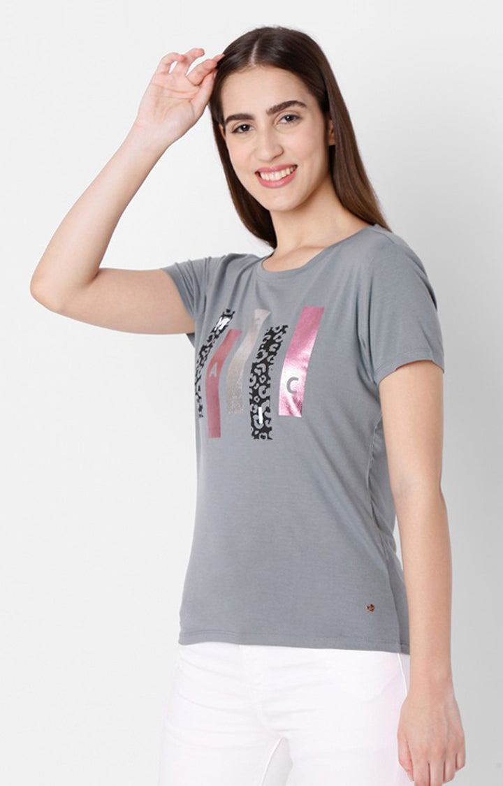 Spykar Women Grey Cotton Slim Fit Round Neck T-Shirt