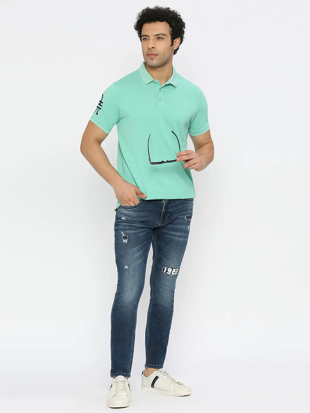 Spykar Men Ice Green Blended Regular Fit Half Sleeve Plain Polo Tshirt