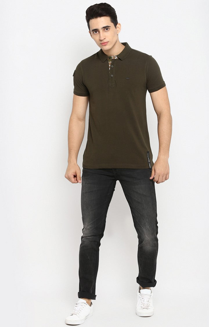 Spykar Olive Solid Slim Fit Polos T-Shirt