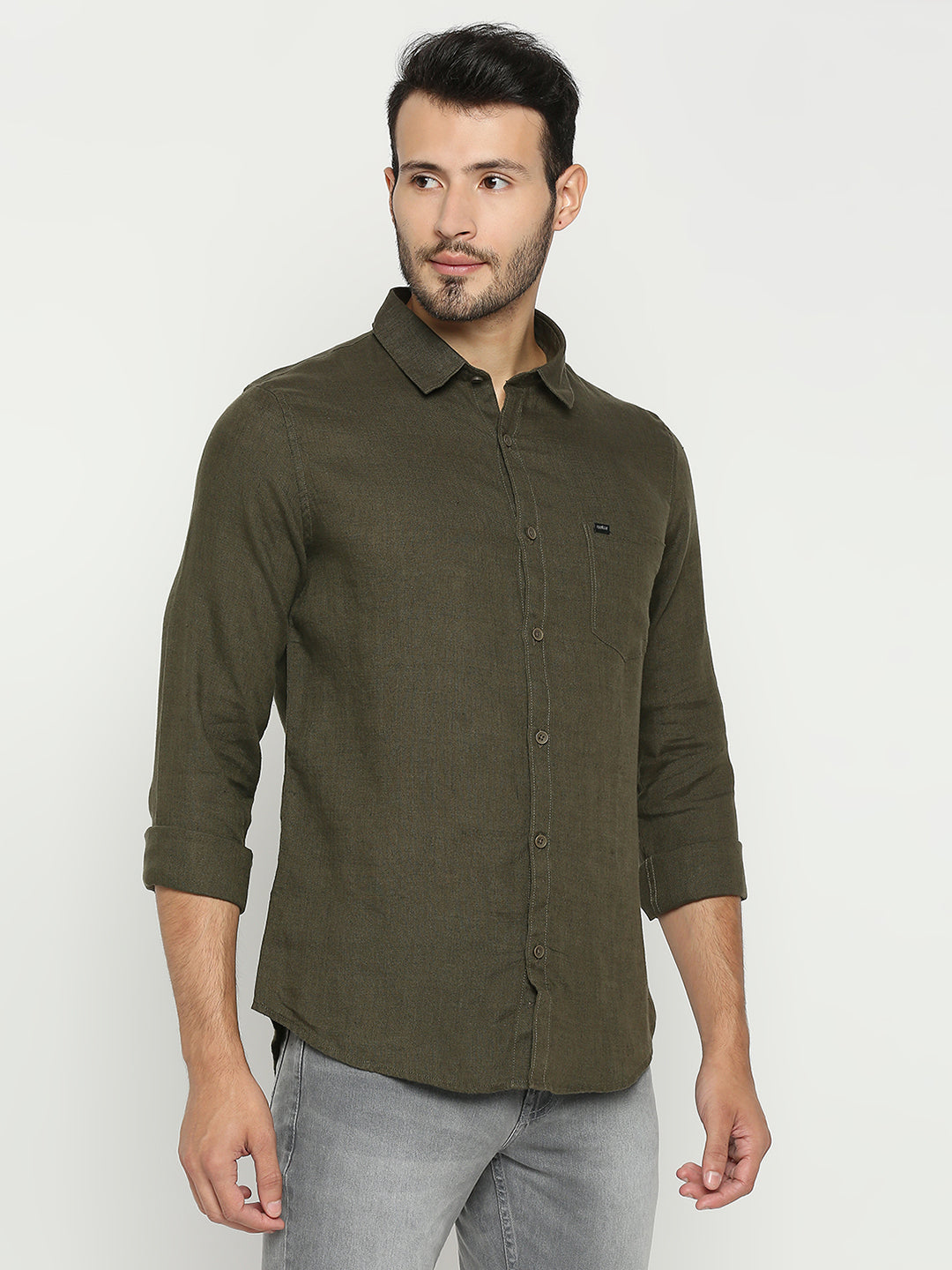 Spykar Men Olive Green Cotton Full Sleeve Plain Shirt