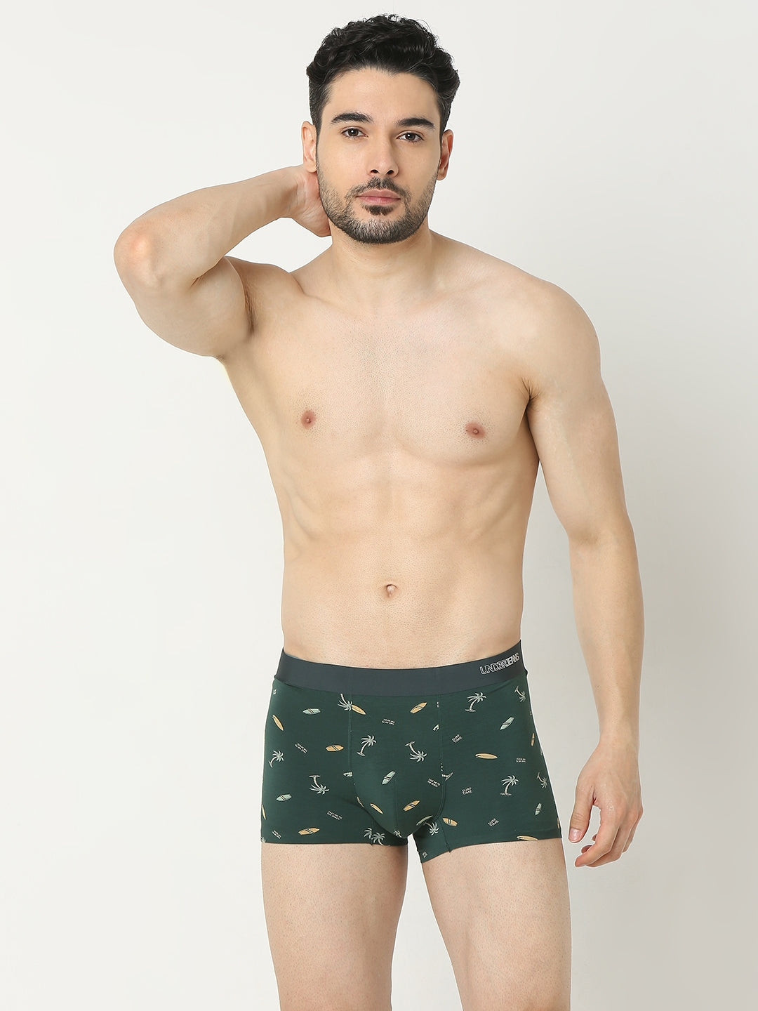 Underjeans By Spykar Men Super Premium Printed Bonded Elastic Bottle Green Trunk