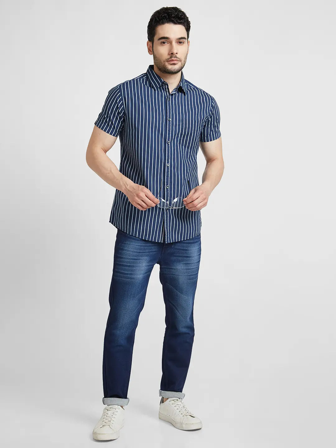 Spykar Men Teal Blue Poplin Slim Fit Half Sleeve Striped Shirt