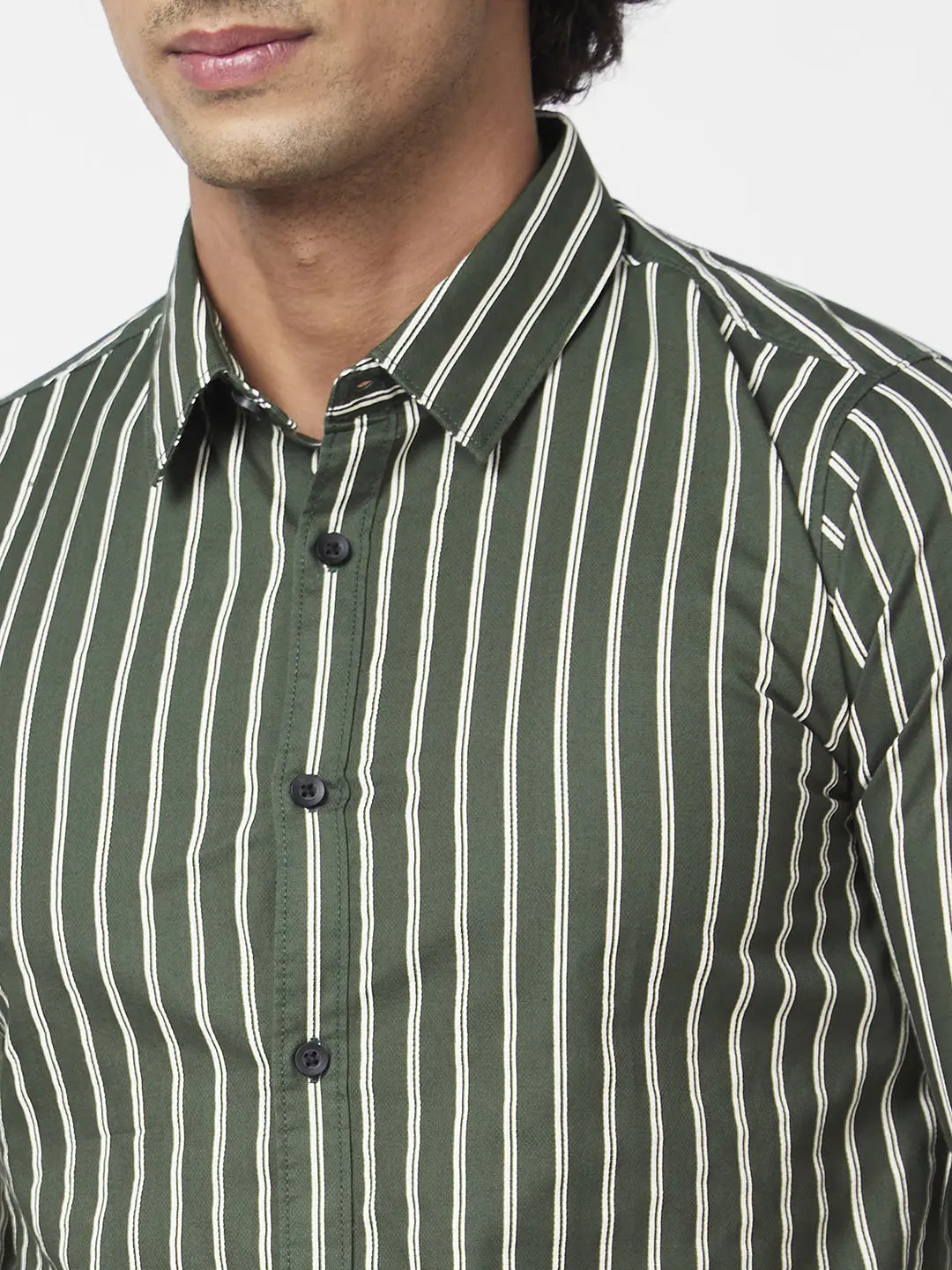 Spykar Men Dark Green Cotton Regular Slim Fit Full Sleeve Casual Striped Shirt