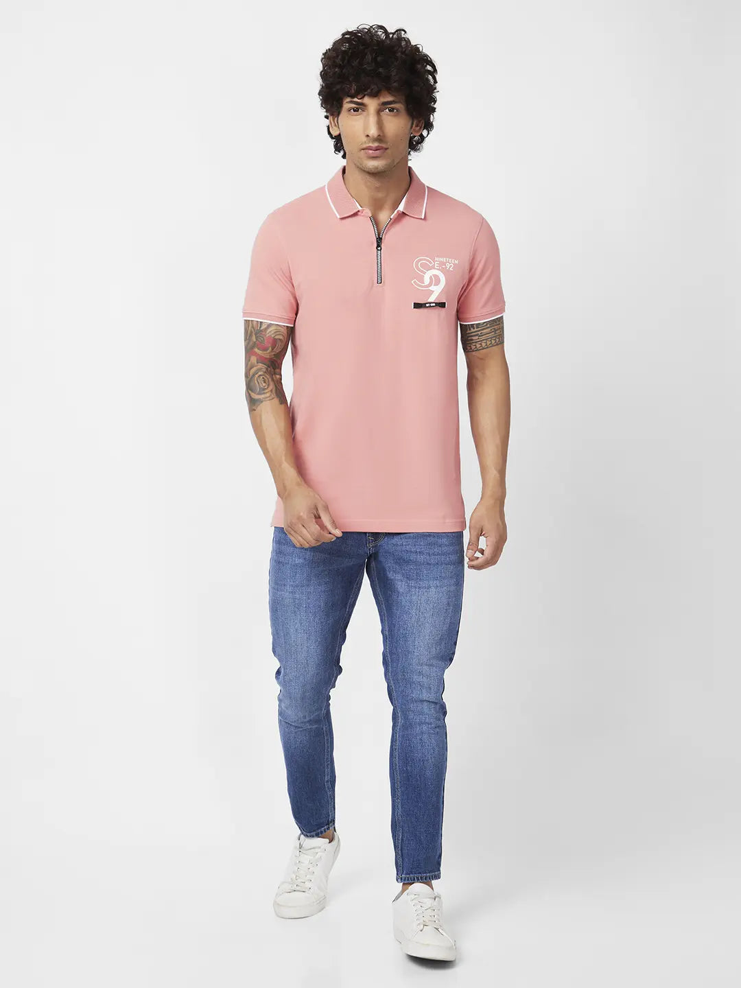 Spykar Men Dusty Pink Cotton Slim Fit Half Sleeve Polo Neck Plain Tshirt