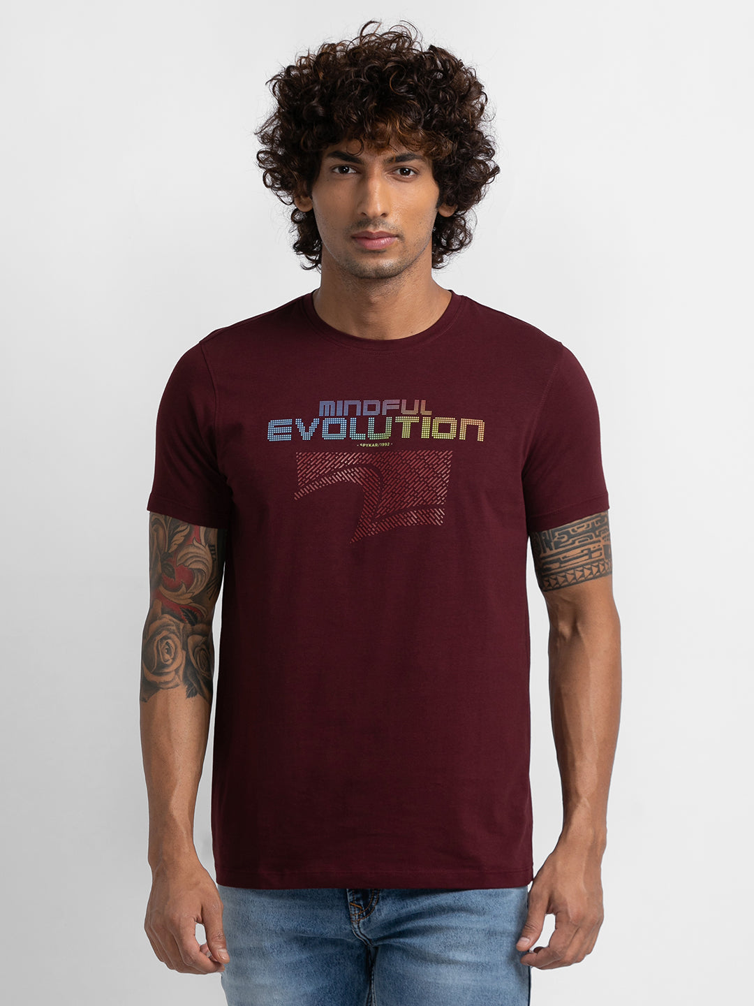 Spykar Wine Cotton Half Sleeve Printed Casual T-Shirt For Men