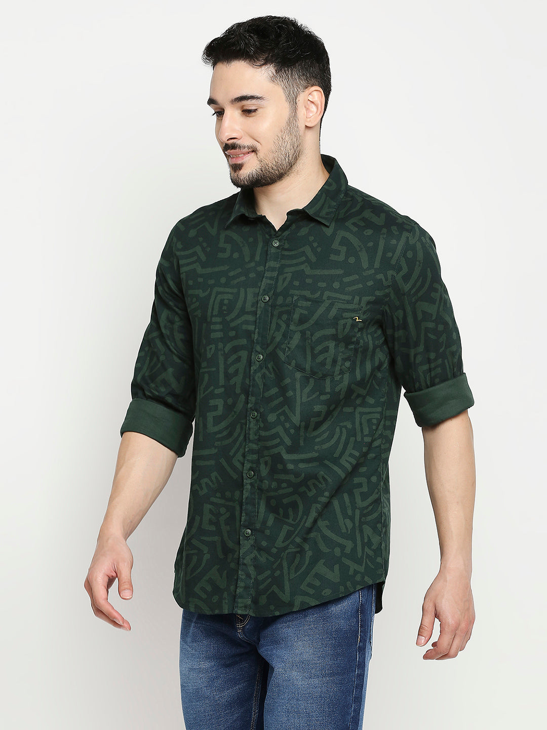 Spykar Bottle Green Cotton Full Sleeve Printed Shirt For Men