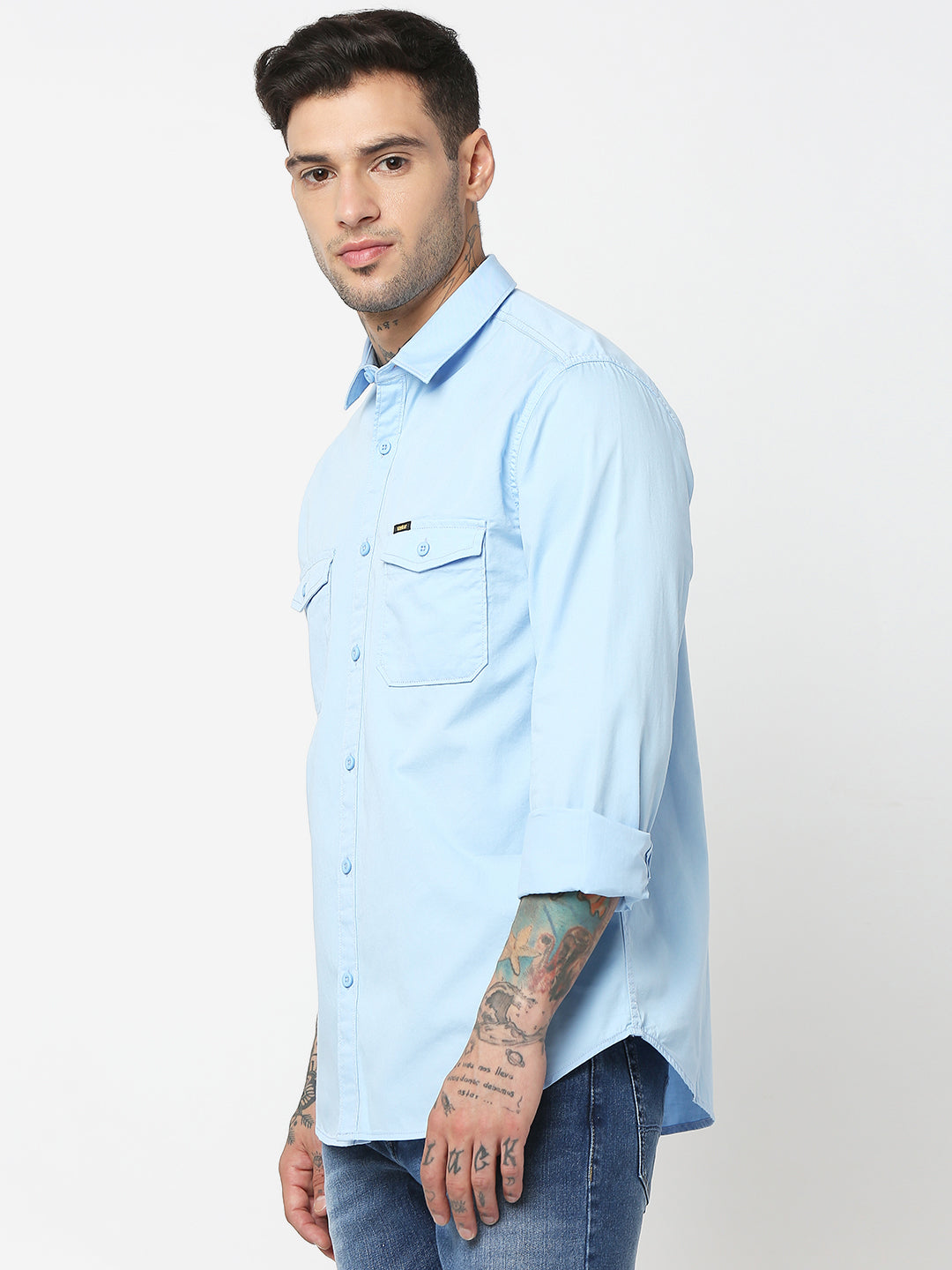 Spykar Men Light Blue Cotton Slim Fit Plain Shirts