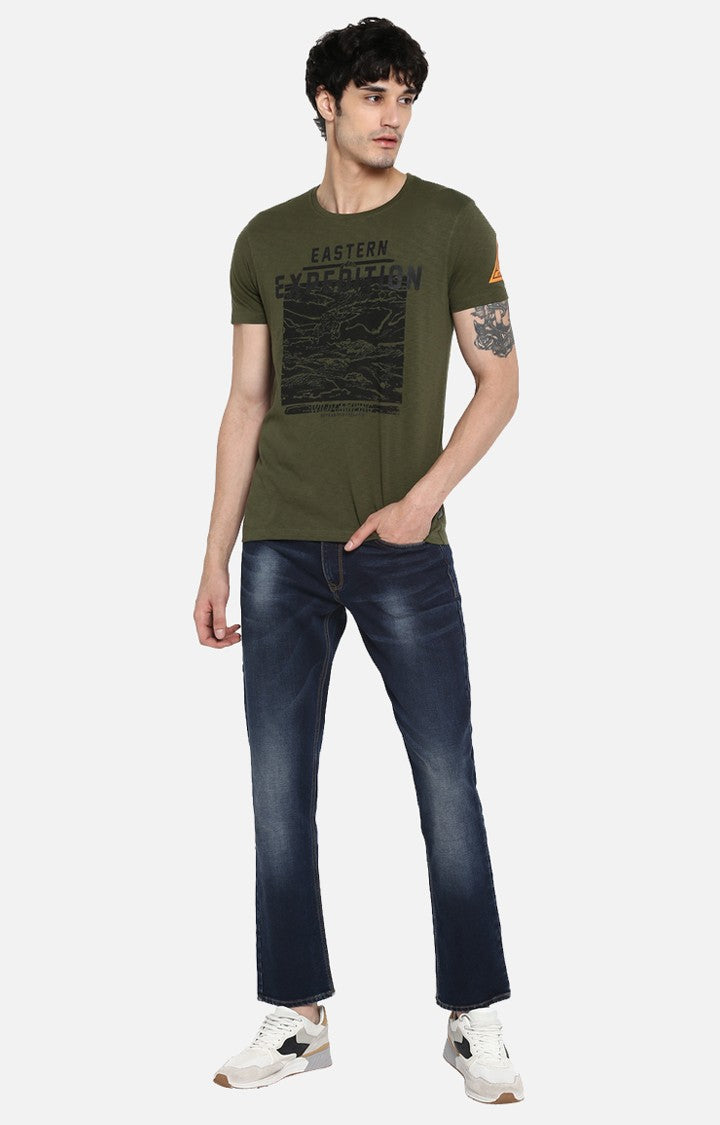 Spykar Olive Green Printed Slim Fit Men T-Shirts