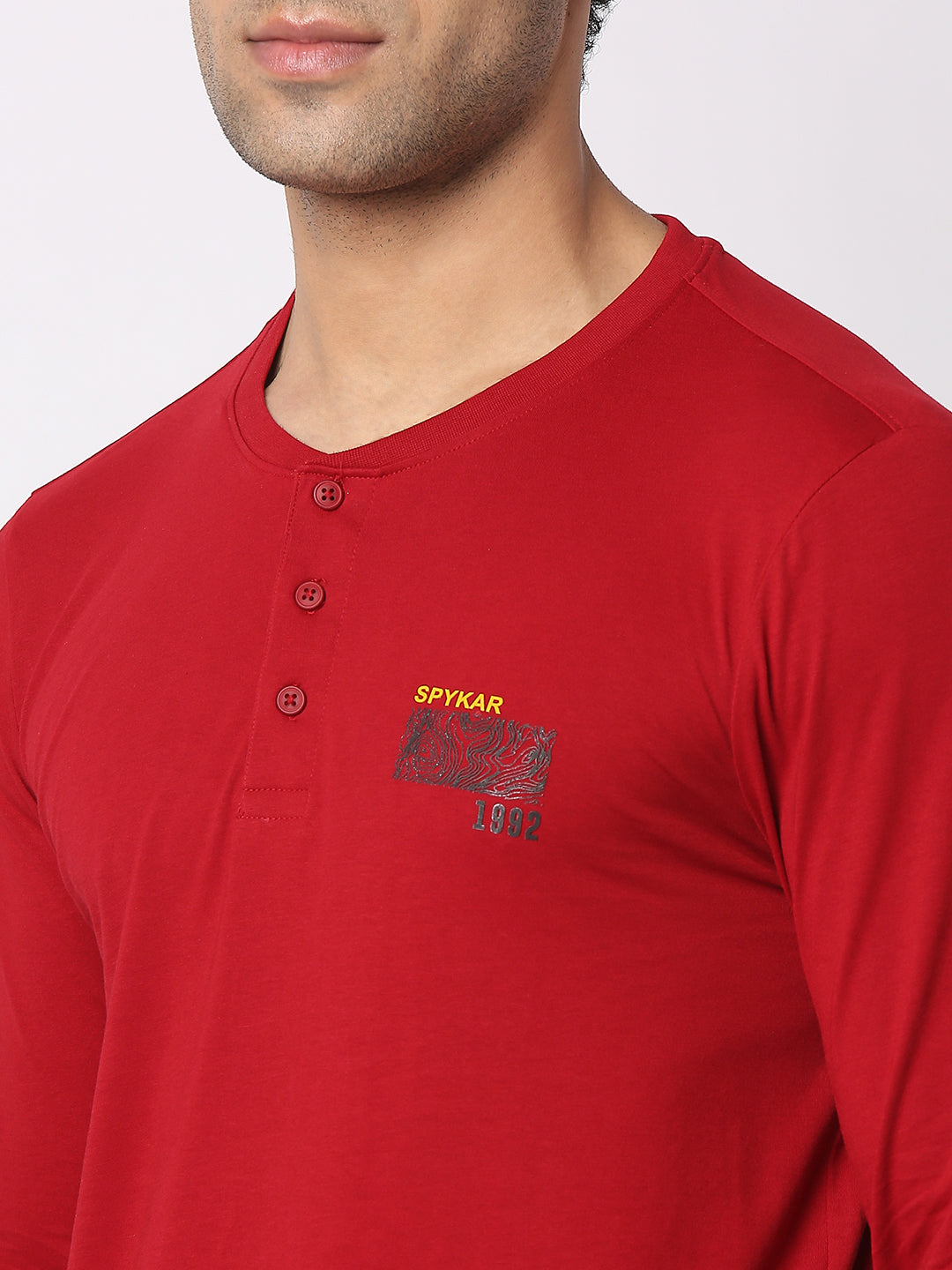 Spykar Men Deep Red Cotton Slim Fit Henley Neck Plain T-Shirt