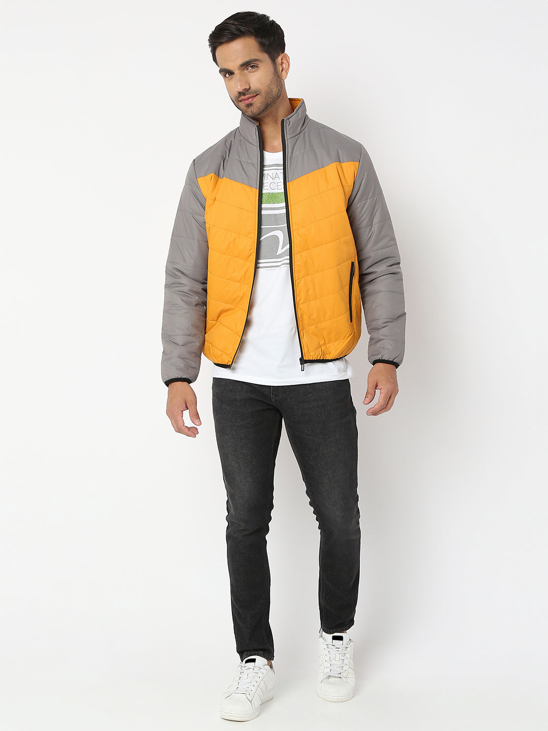 Spykar Men Grey & Mustard Nylon Regular Fit Jacket