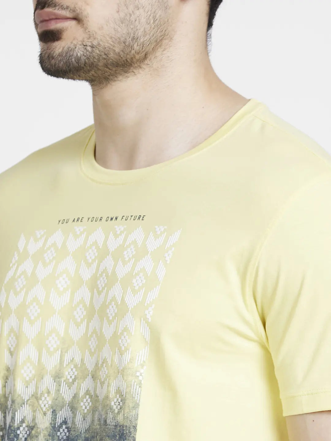 Spykar Men Powder Yellow Cotton Slim Fit Printed Round Neck Tshirt