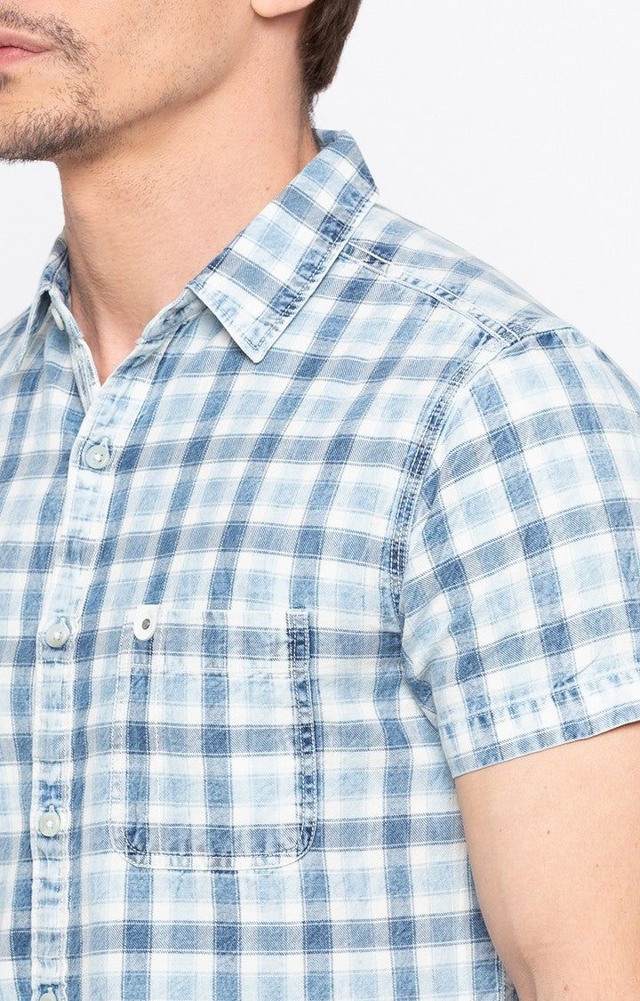 Spykar Men'S Blue Cotton Checked Casual Shirts