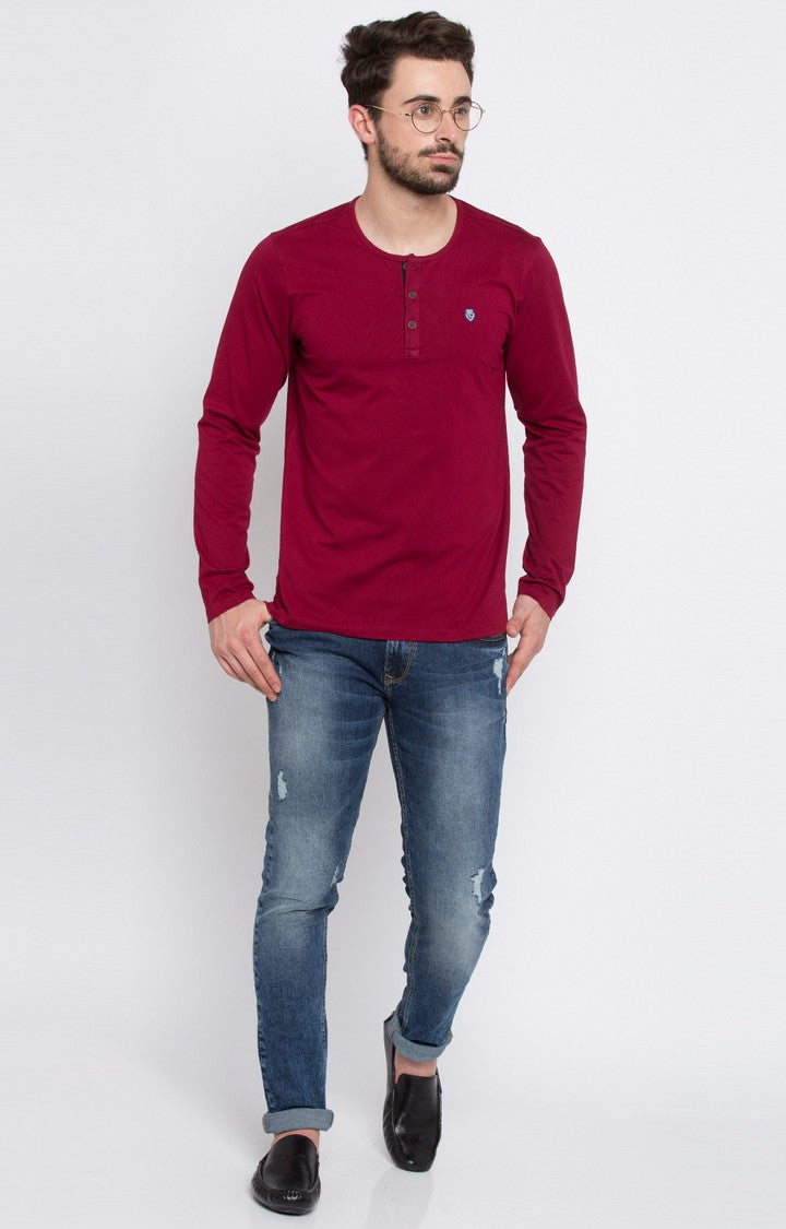 Spykar Wine Solid Slim Fit Men T-Shirts