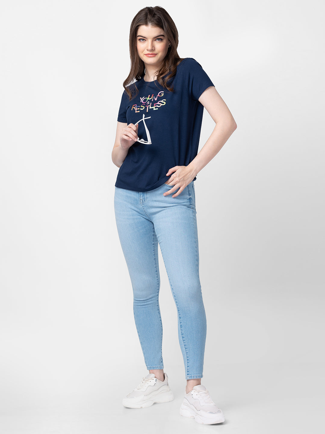 Spykar Women Navy Blue Cotton Slim Fit Printed T-Shirts