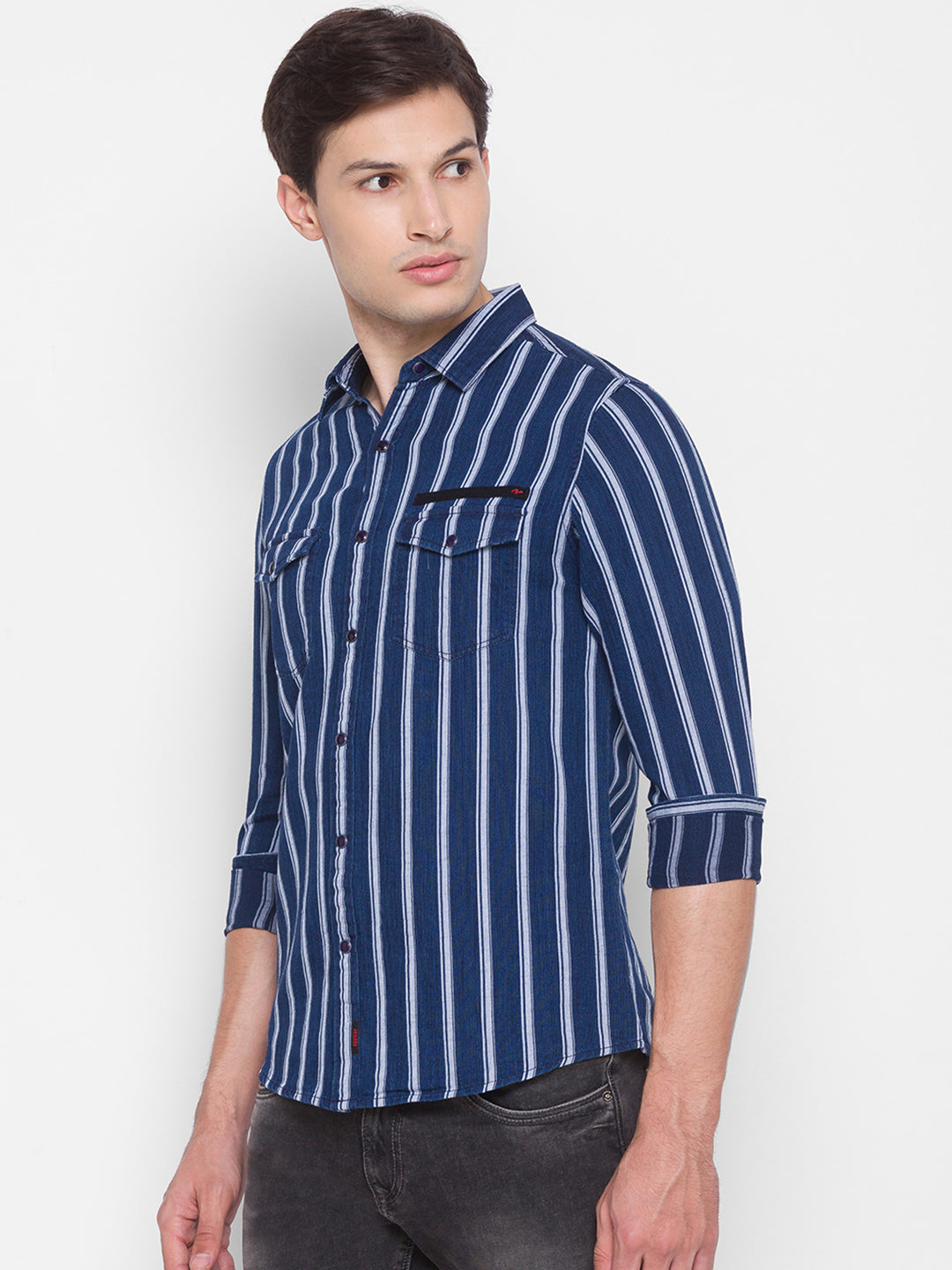 Spykar Slim Fit Blue Cotton Men Shirt