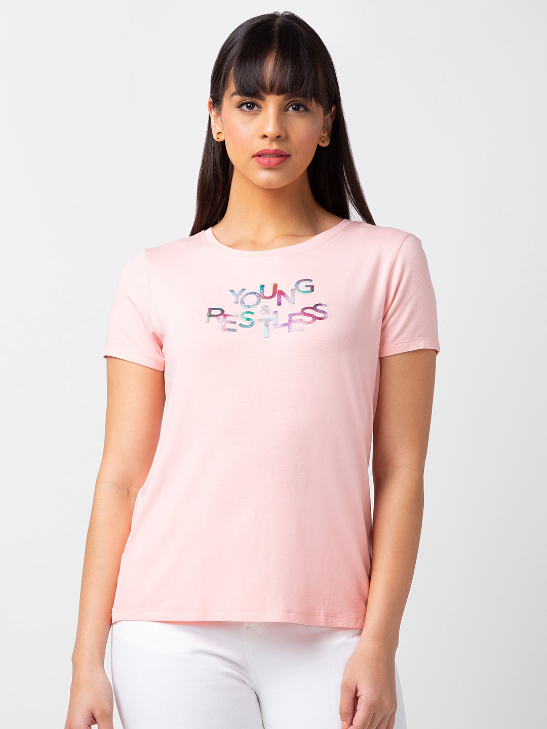Spykar Women Pink Blended Regular Fit Half Sleeve Printed T-Shirts