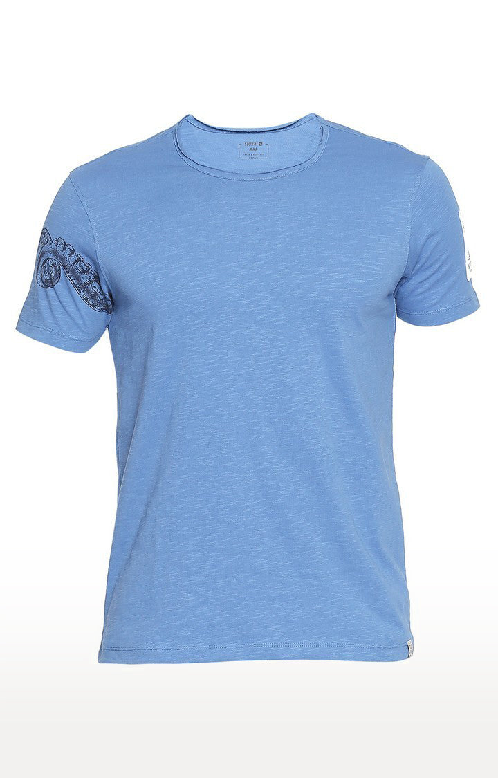 Spykar Blue Cotton Slim Fit T-Shirt For Men