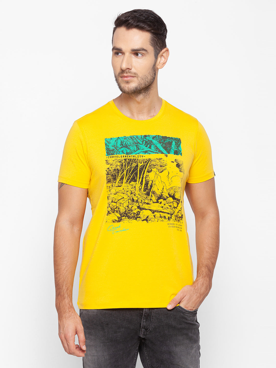 Spykar Men Yellow Cotton Slim Fit Round Neck T-Shirt