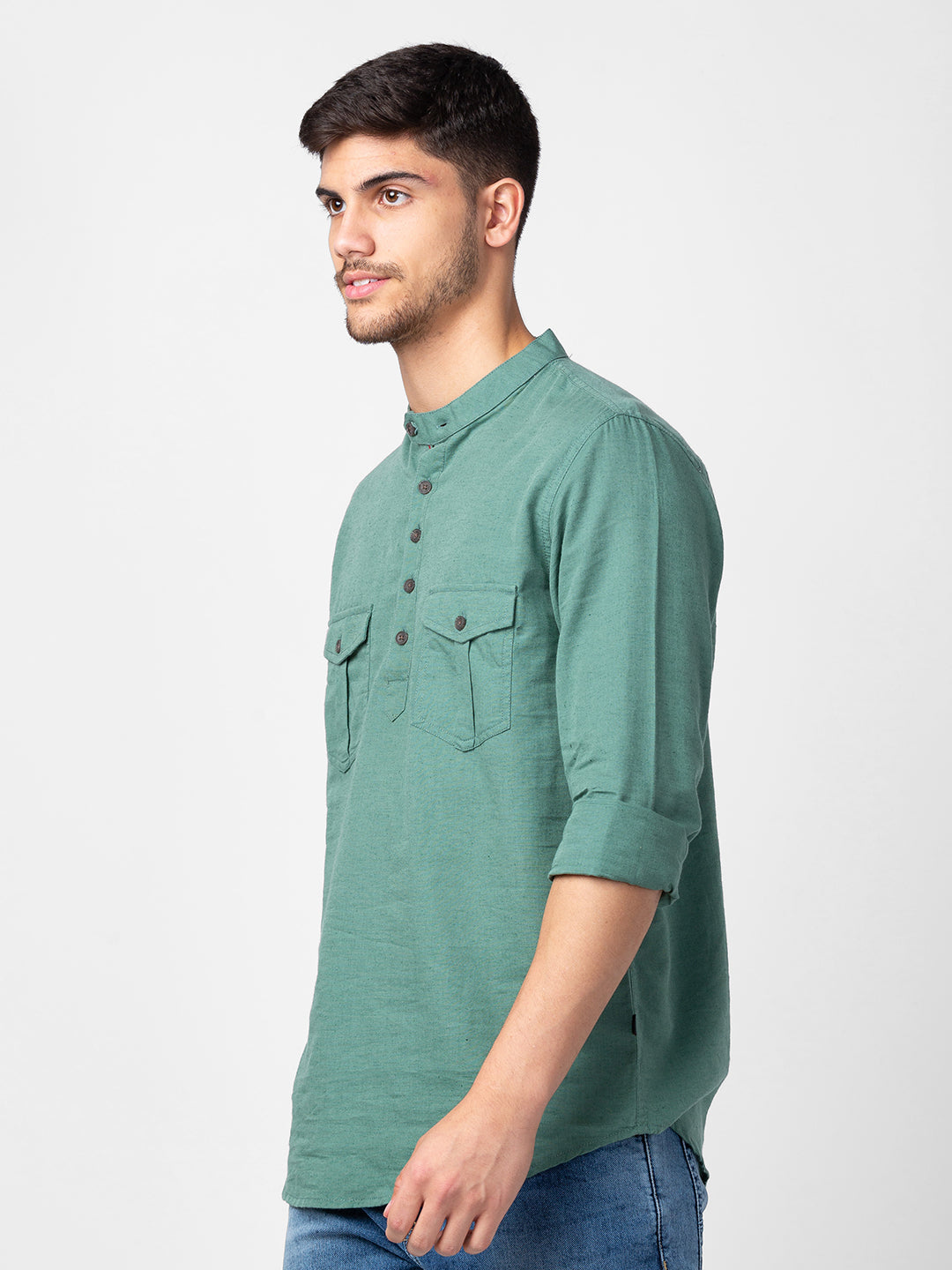 Spykar Men Sage Green Cotton Slim Fit M and arin Collar Plain Kurta