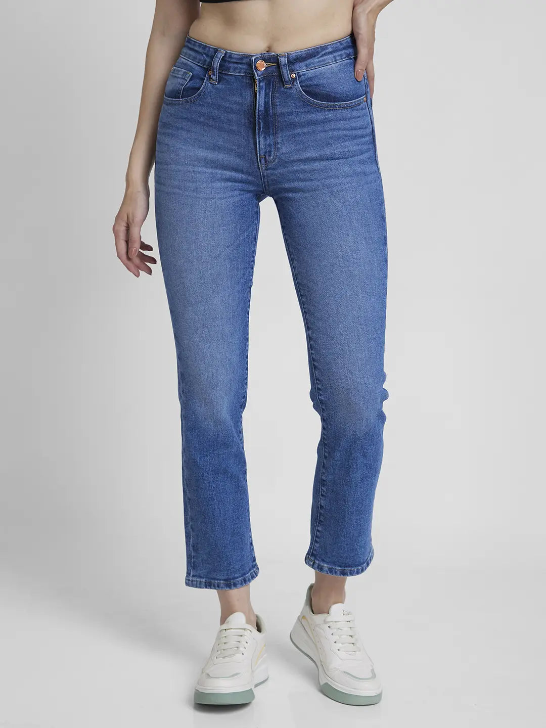 Spykar Women Mid Blue Lycra Slim Straight Fit Ankle Length Clean Look Jeans -(Emma)