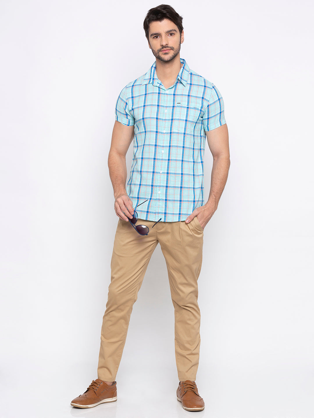 Spykar Men Aqua Checked Slim Fit Casual Shirt