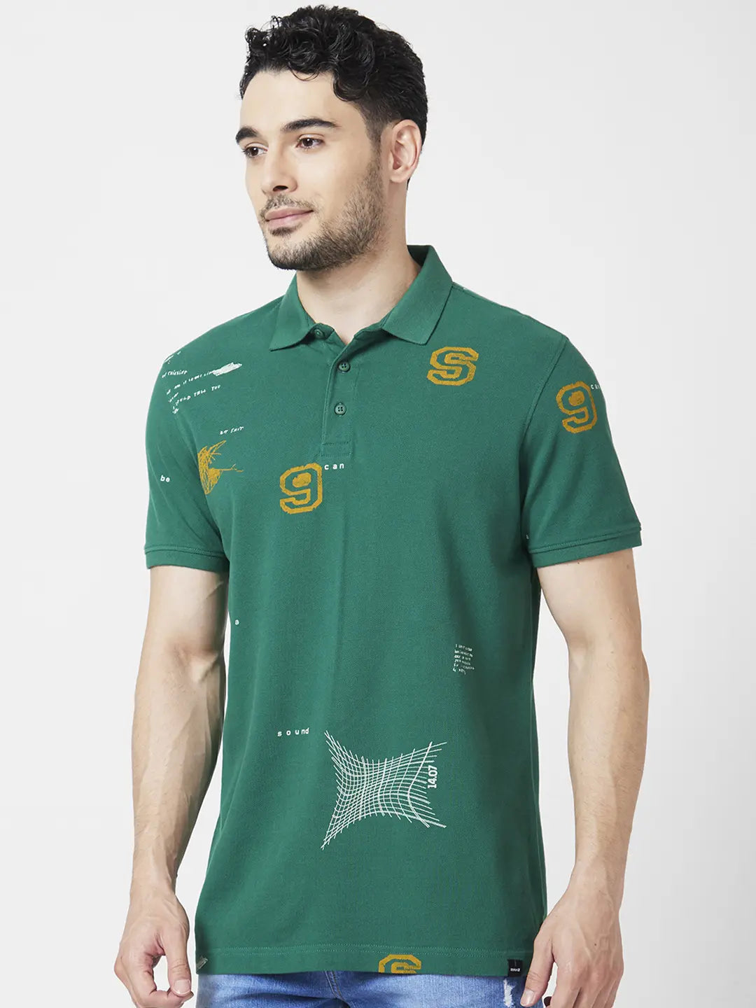 Spykar Men Dark Green Cotton Slim Fit Half Sleeve Polo Neck Printed Tshirt