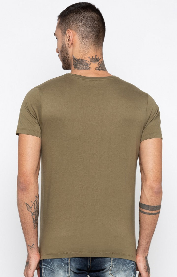 Spykar Olive Printed Slim Fit Men T-Shirts