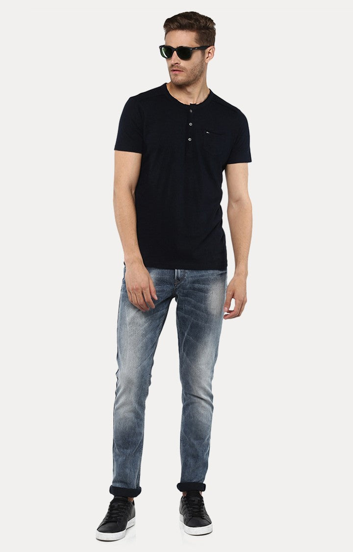 Spykar Navy Blue Solid Slim Fit Men T-Shirts